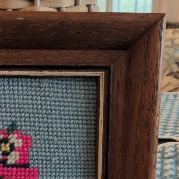 Vintage Framed Needlepoint Art Picture Girl with Pink Hat - Picture 4 of 8